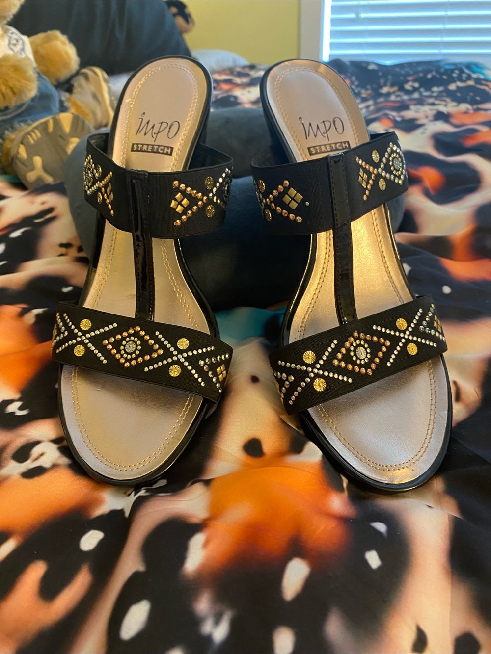 Impo Black Stretch Slide Sandals with Gold Stud Accents